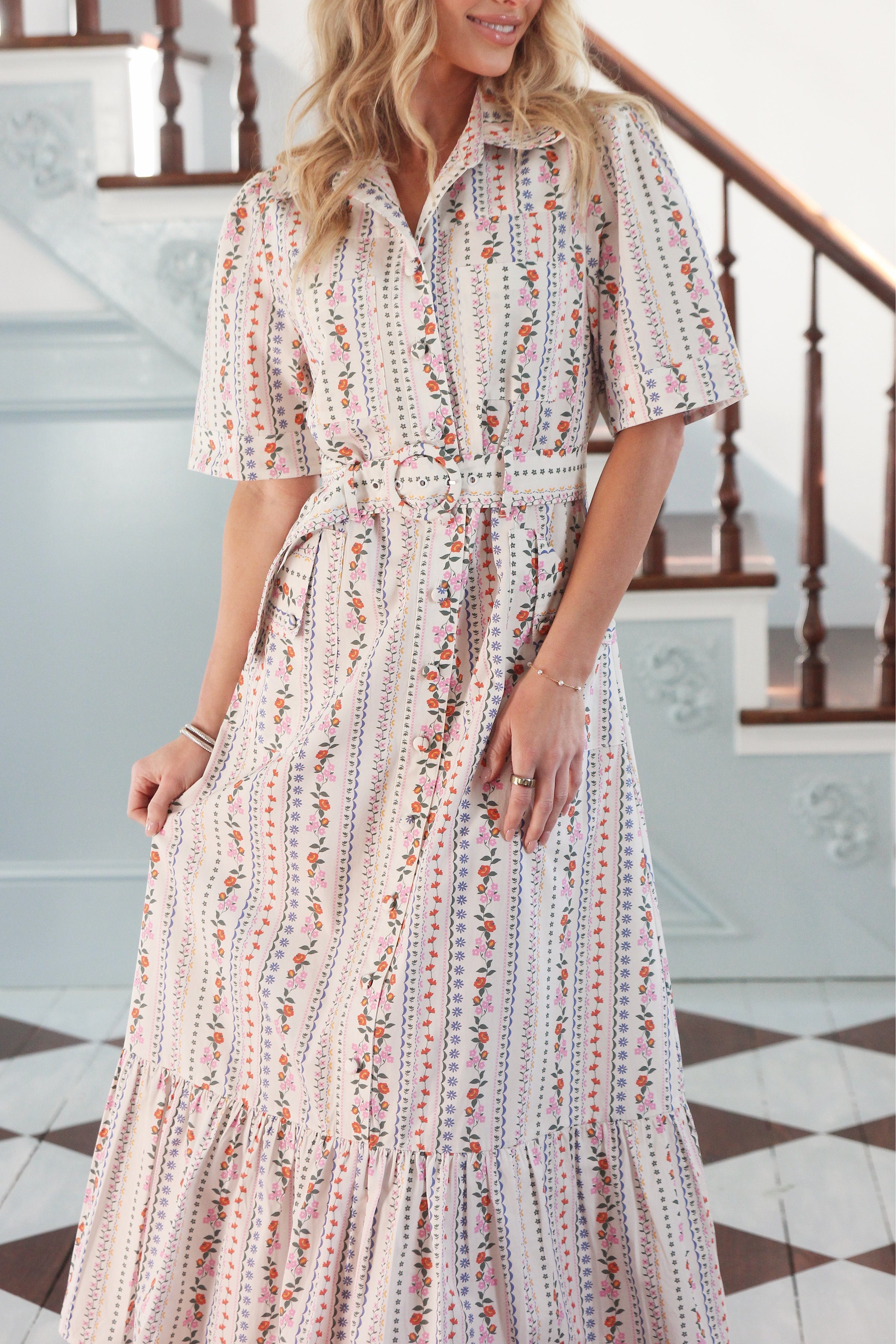 Karlie | Ivory French Floral Belted Maxi Dress