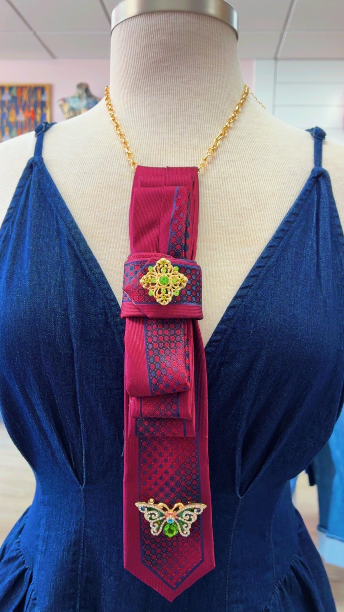 Tie Necklace | Burgundy + Navy Print