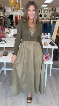 Moon River | Olive Front Lace-Up Tie 2fer Midi