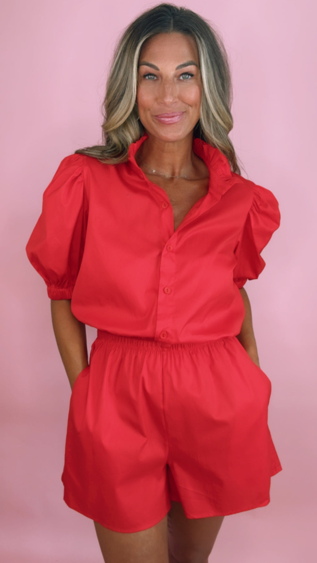 Red Ruffle Neck Button Down Romper