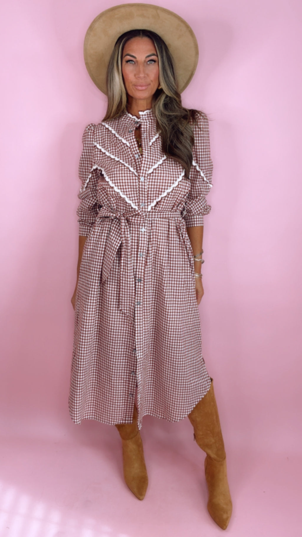 Burgundy Gingham Scallop Trim Midi Dress
