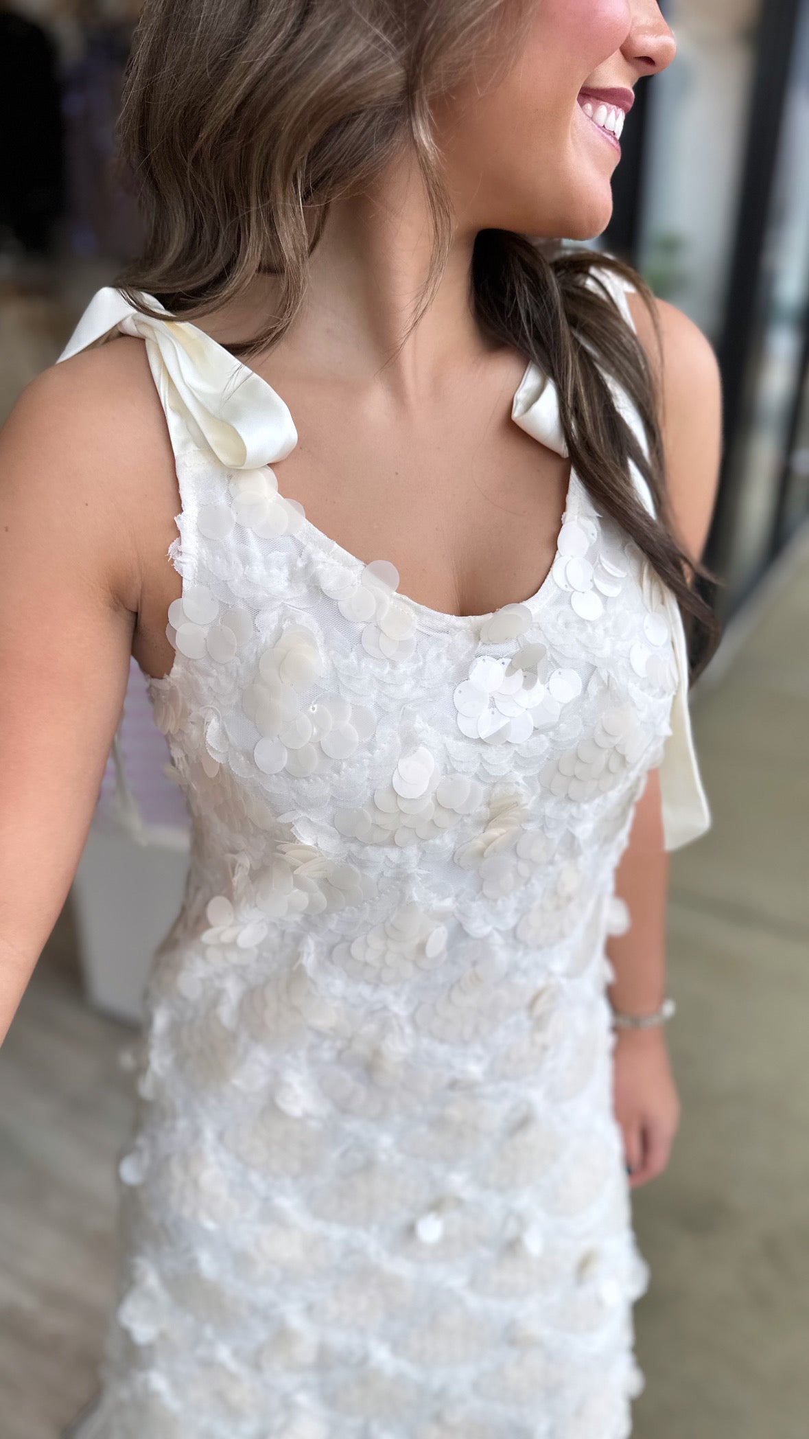 En Saison Ecru Sequin Tulle Tie Shoulder Midi Dress