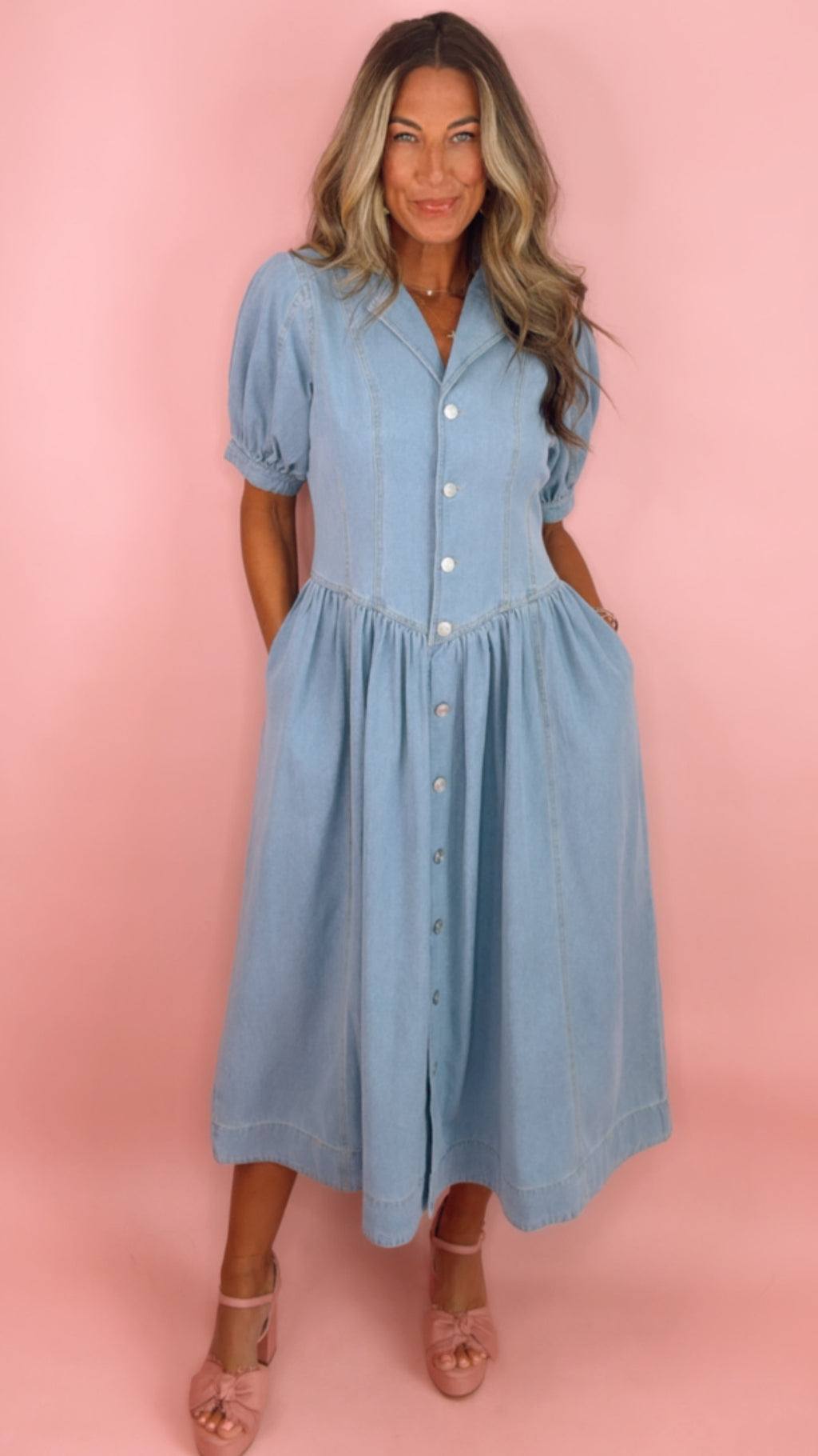 Denim Puff Sleeve Button Down Midi Dress