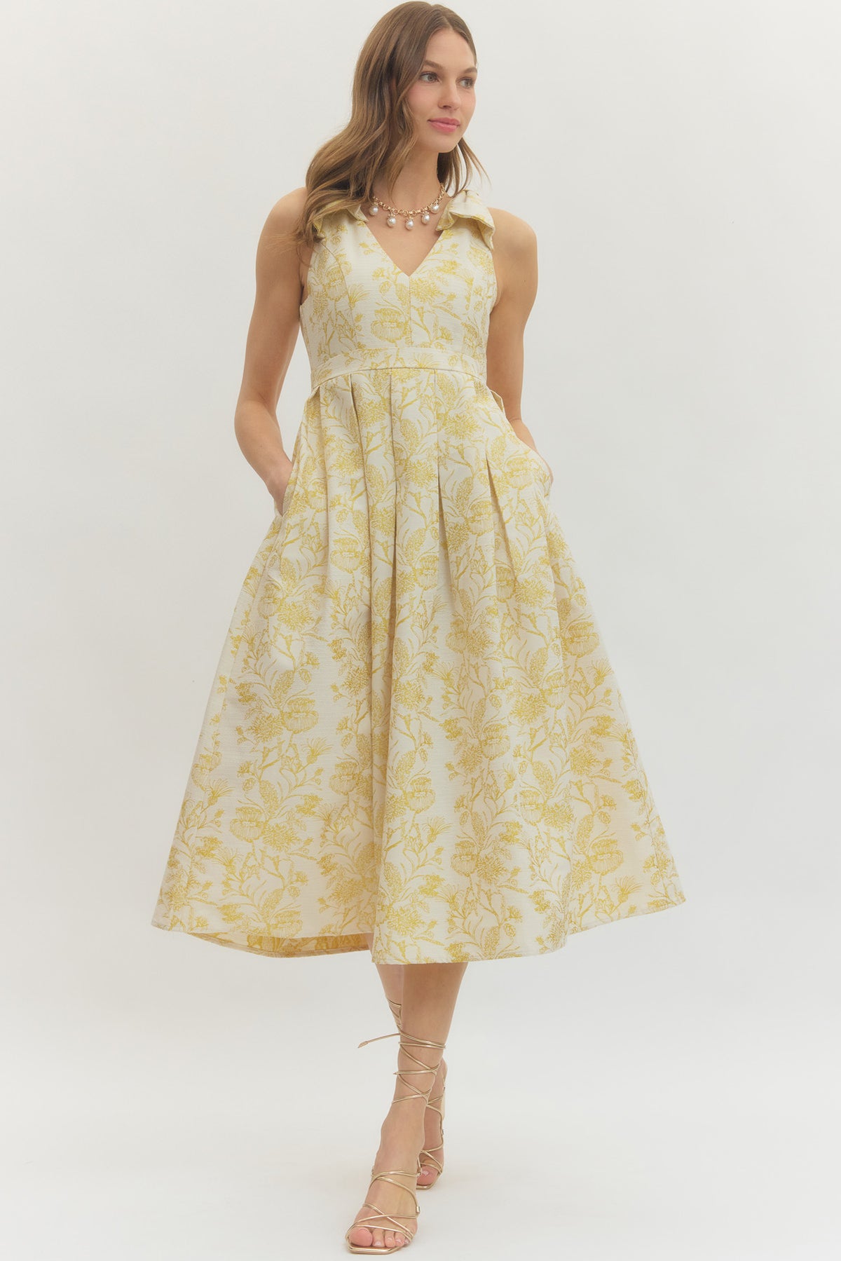Gold Metallic Flower Bow Shoulder Midi Dress (MEDIUM)