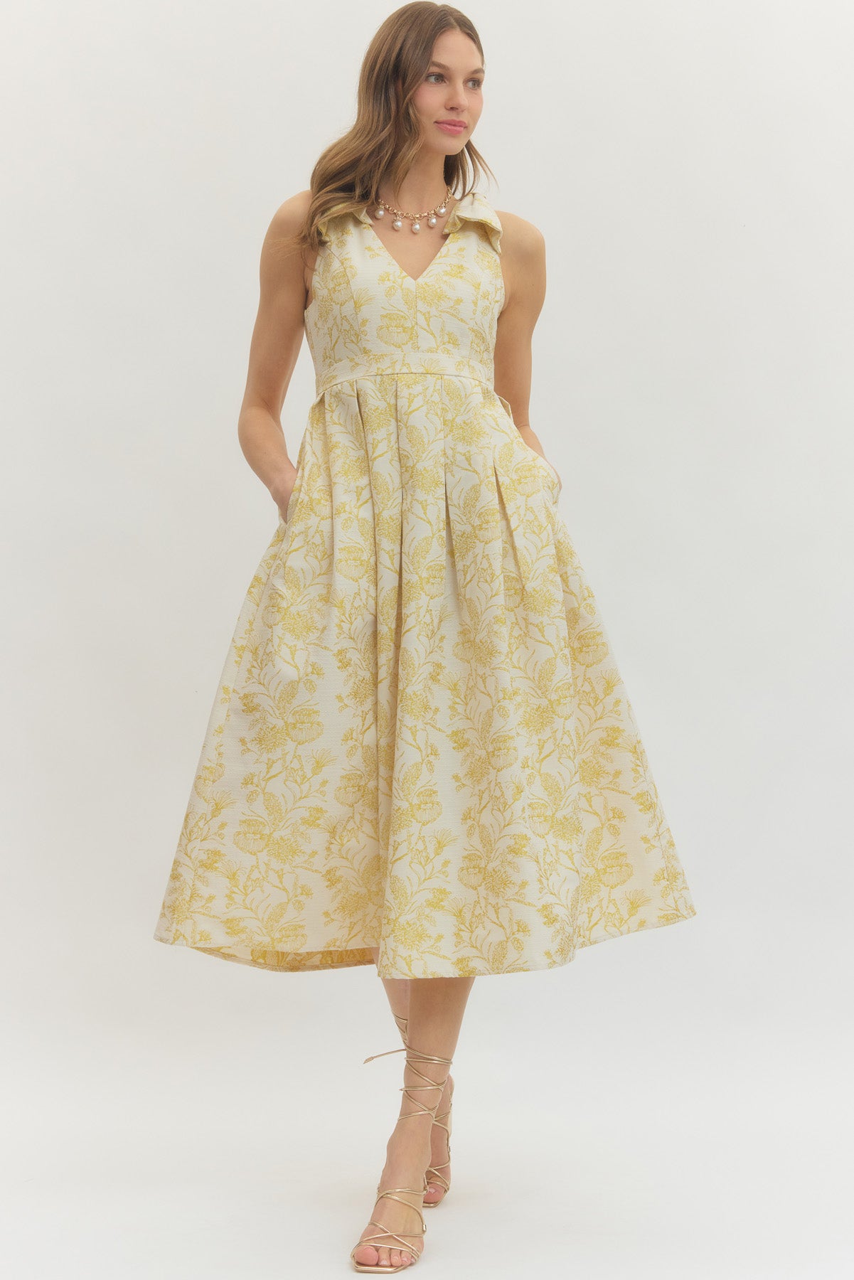Gold Metallic Flower Bow Shoulder Midi Dress (MEDIUM)