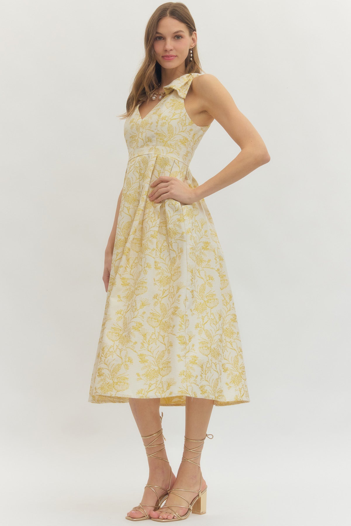 Gold Metallic Flower Bow Shoulder Midi Dress (MEDIUM)
