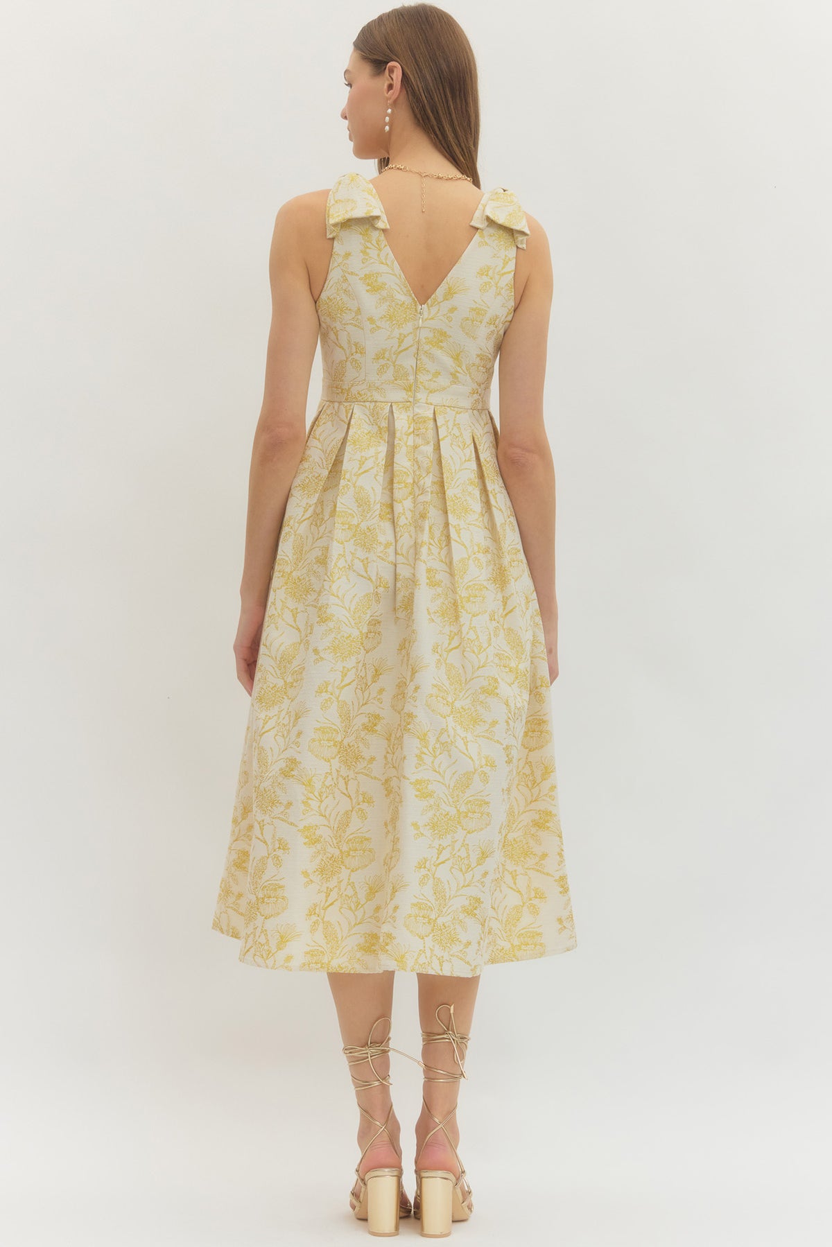 Gold Metallic Flower Bow Shoulder Midi Dress (MEDIUM)