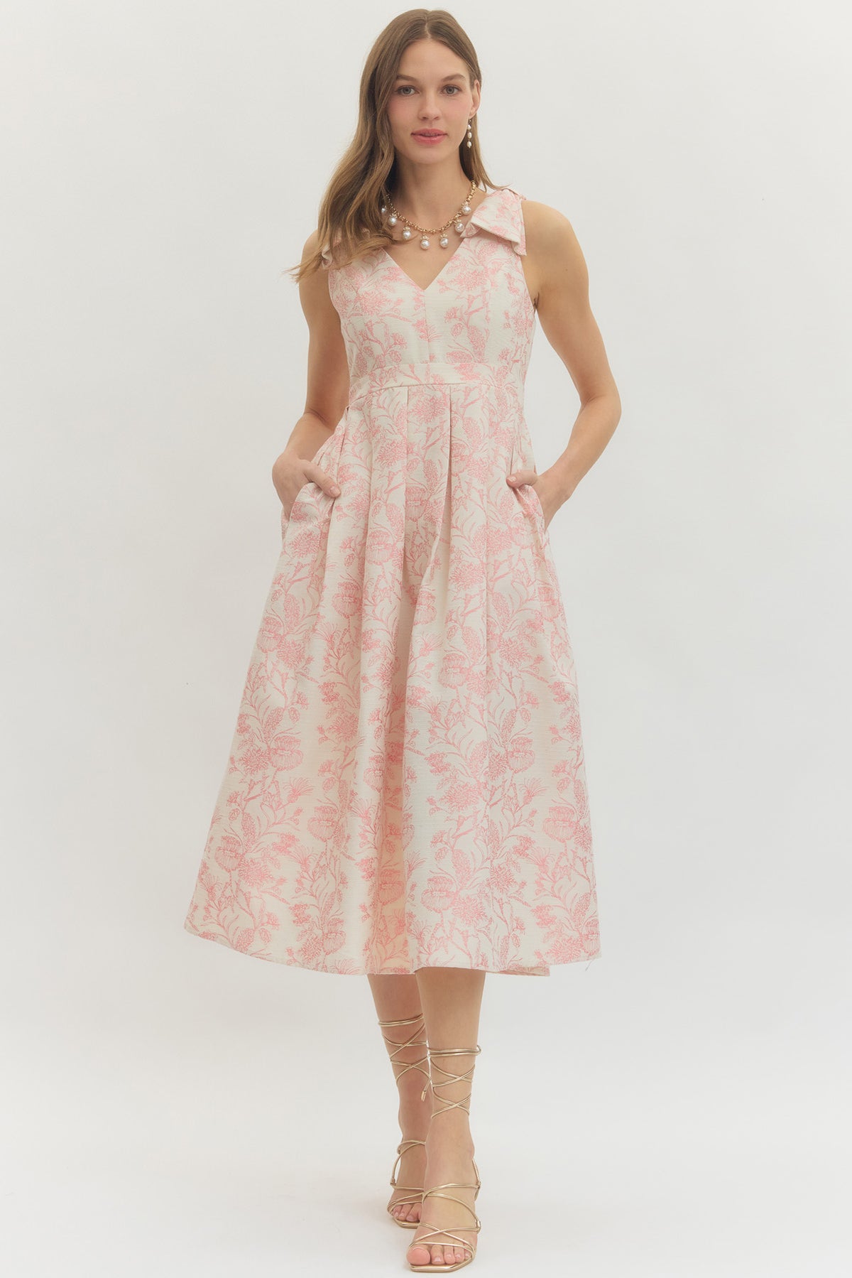 Pink Metallic Flower Bow Shoulder Midi Dress (1 SMALL)