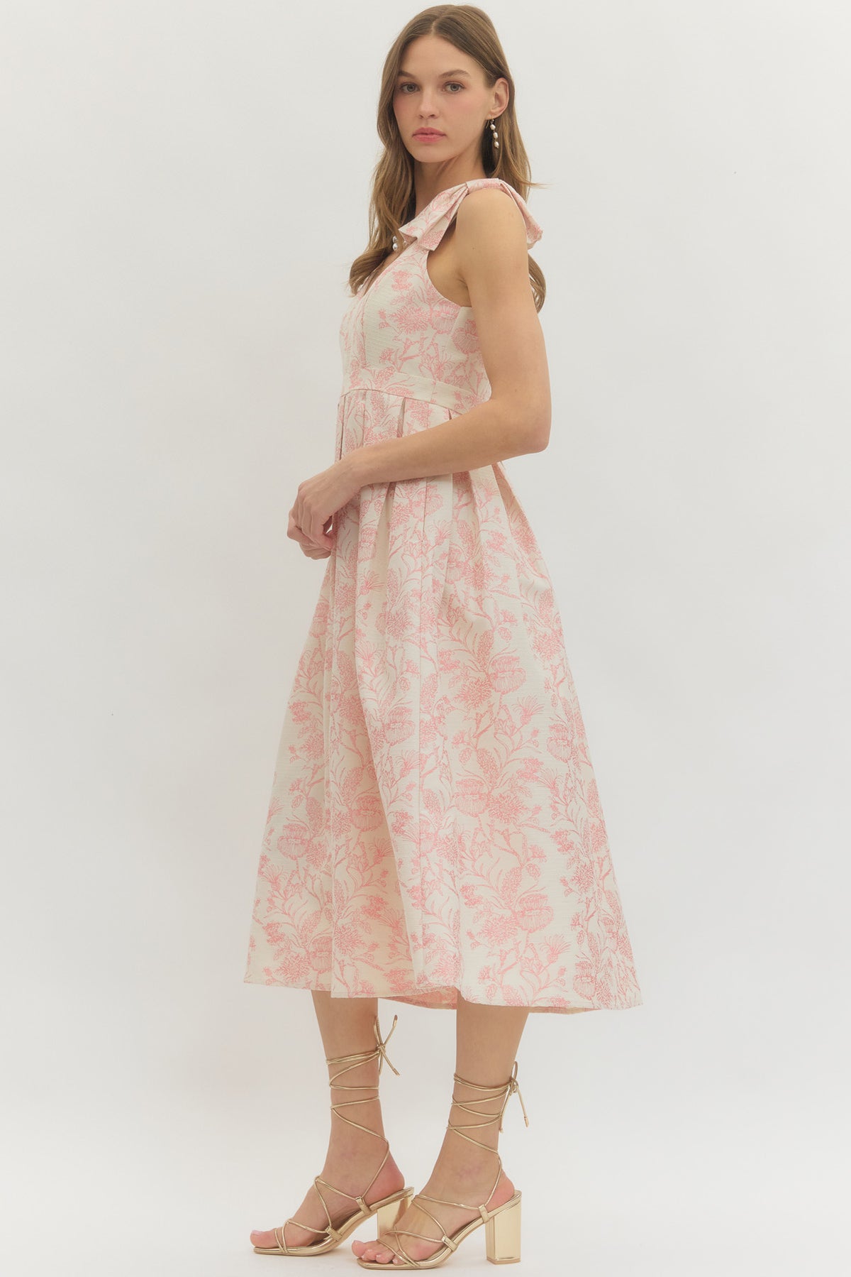 Pink Metallic Flower Bow Shoulder Midi Dress (1 SMALL)