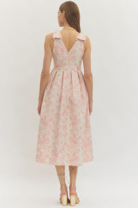 Pink Metallic Flower Bow Shoulder Midi Dress (1 SMALL)