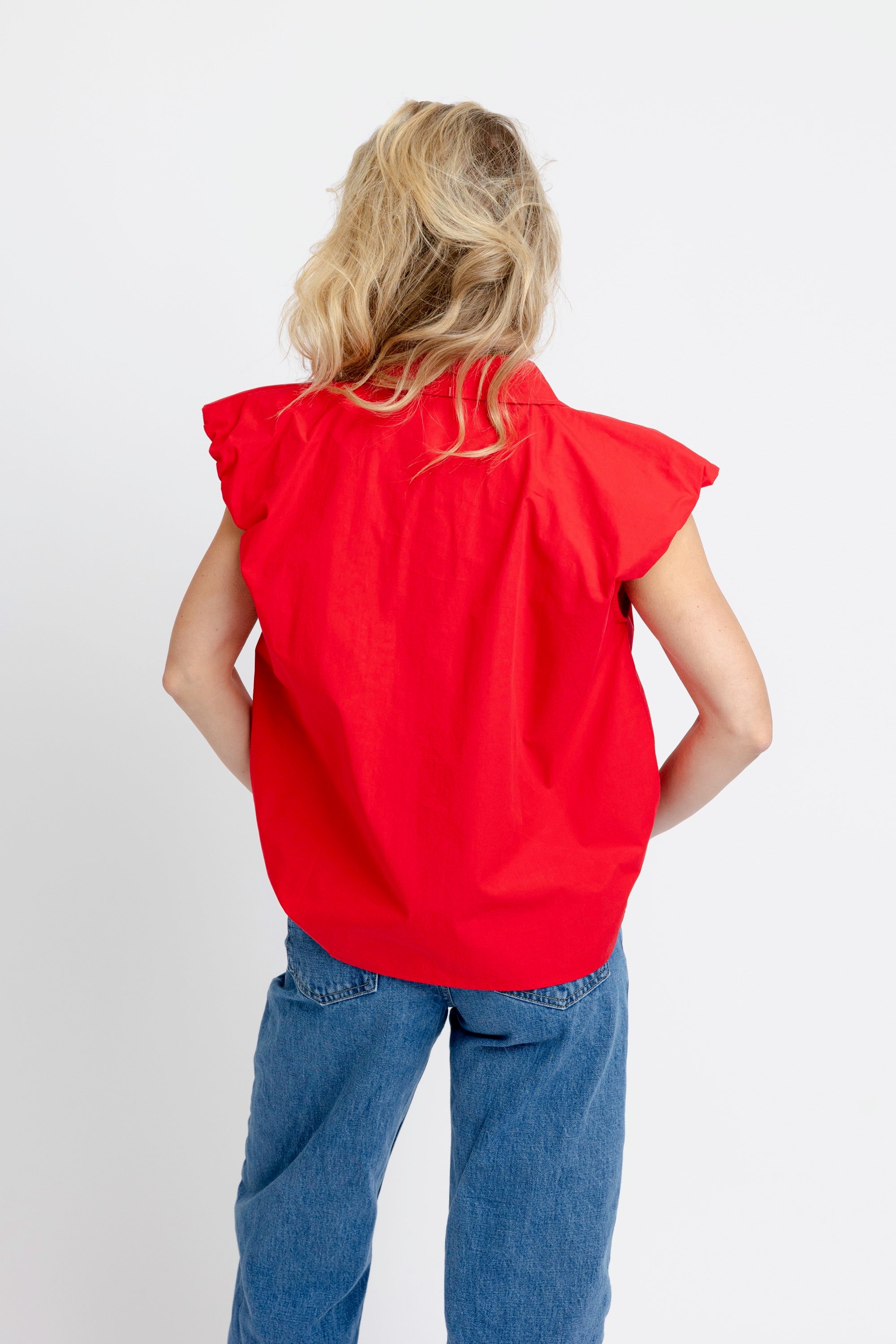 Karlie | Red Poplin Bubble Sleeve Button-Up Top