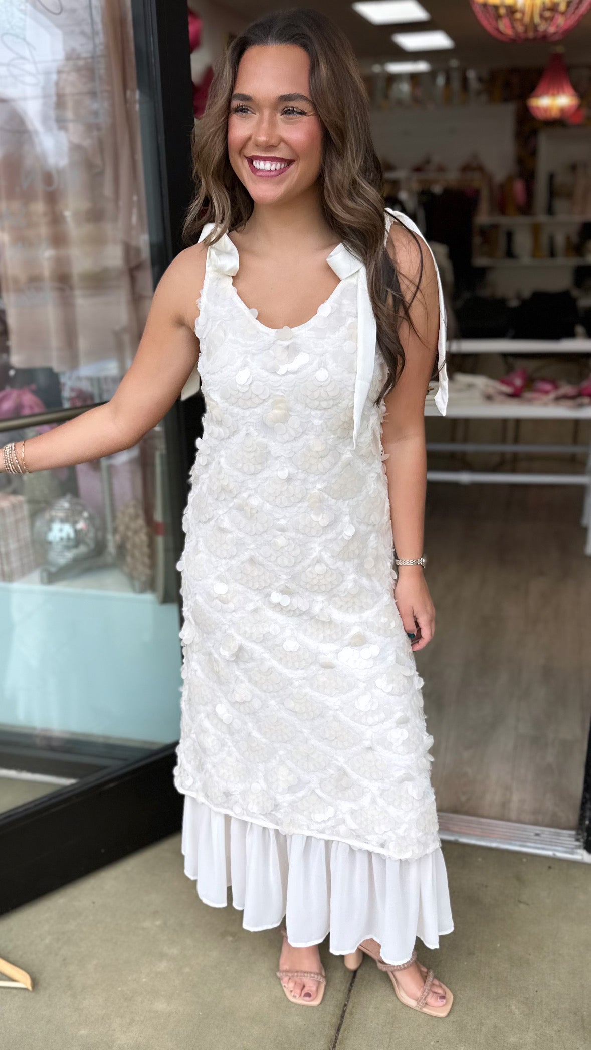 En Saison Ecru Sequin Tulle Tie Shoulder Midi Dress