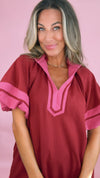 Burgundy Solid Contrast Puff Sleeve Dress (1 SMALL)