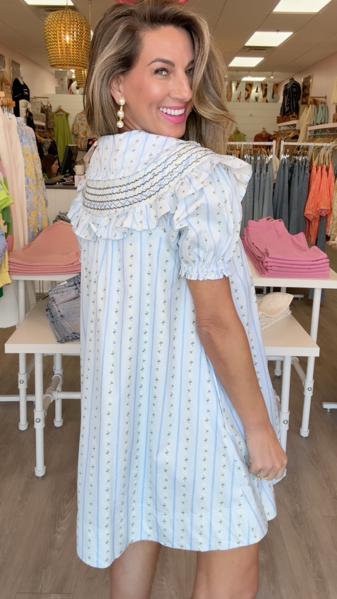 Karlie | Blue Floral Stripe PeterPan Stitched Mini Dress