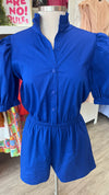 Royal Blue Ruffle Neck Button Down Romper (LARGE)
