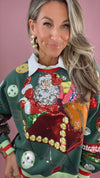 Queen of Sparkles Dark Green Vintage Jingle Bell Santa Sweatshirt