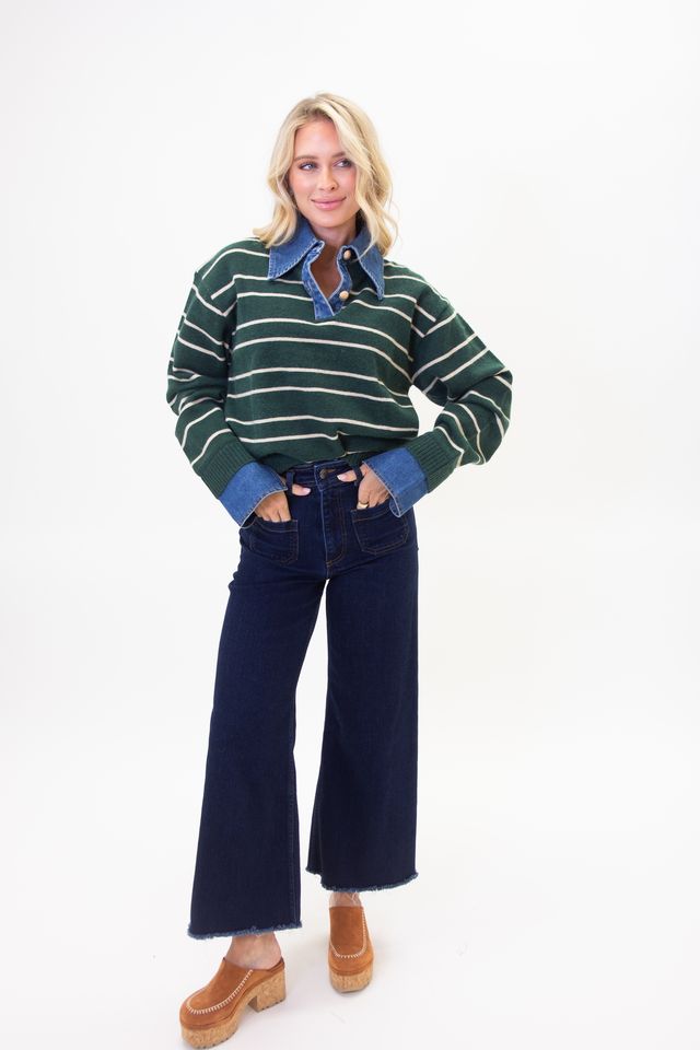 Karlie | Stripe Varsity Denim Collar Sweater