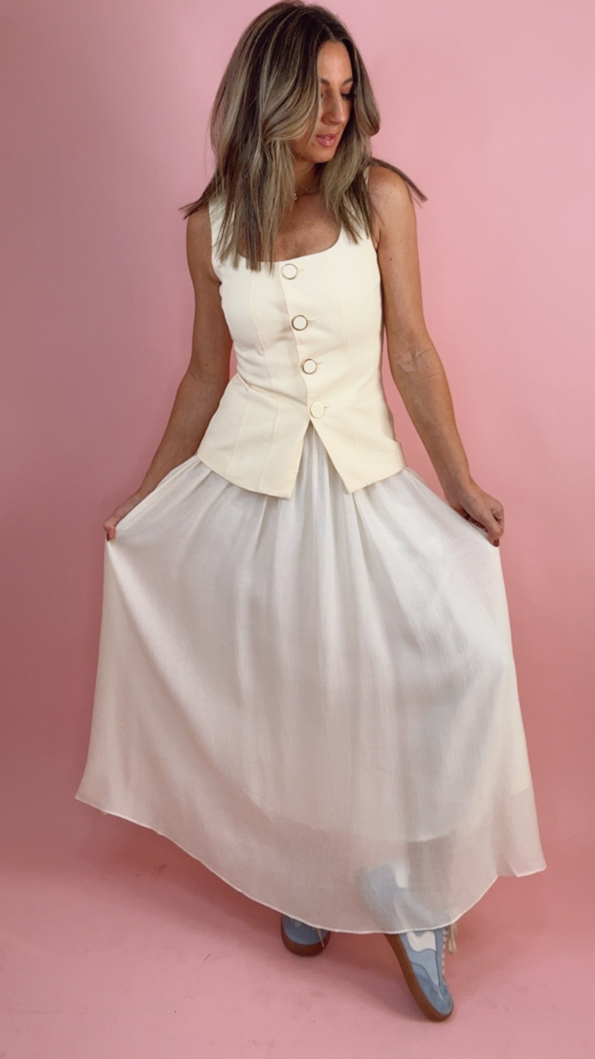 Yellow Square Neck Vest Twofer Dress