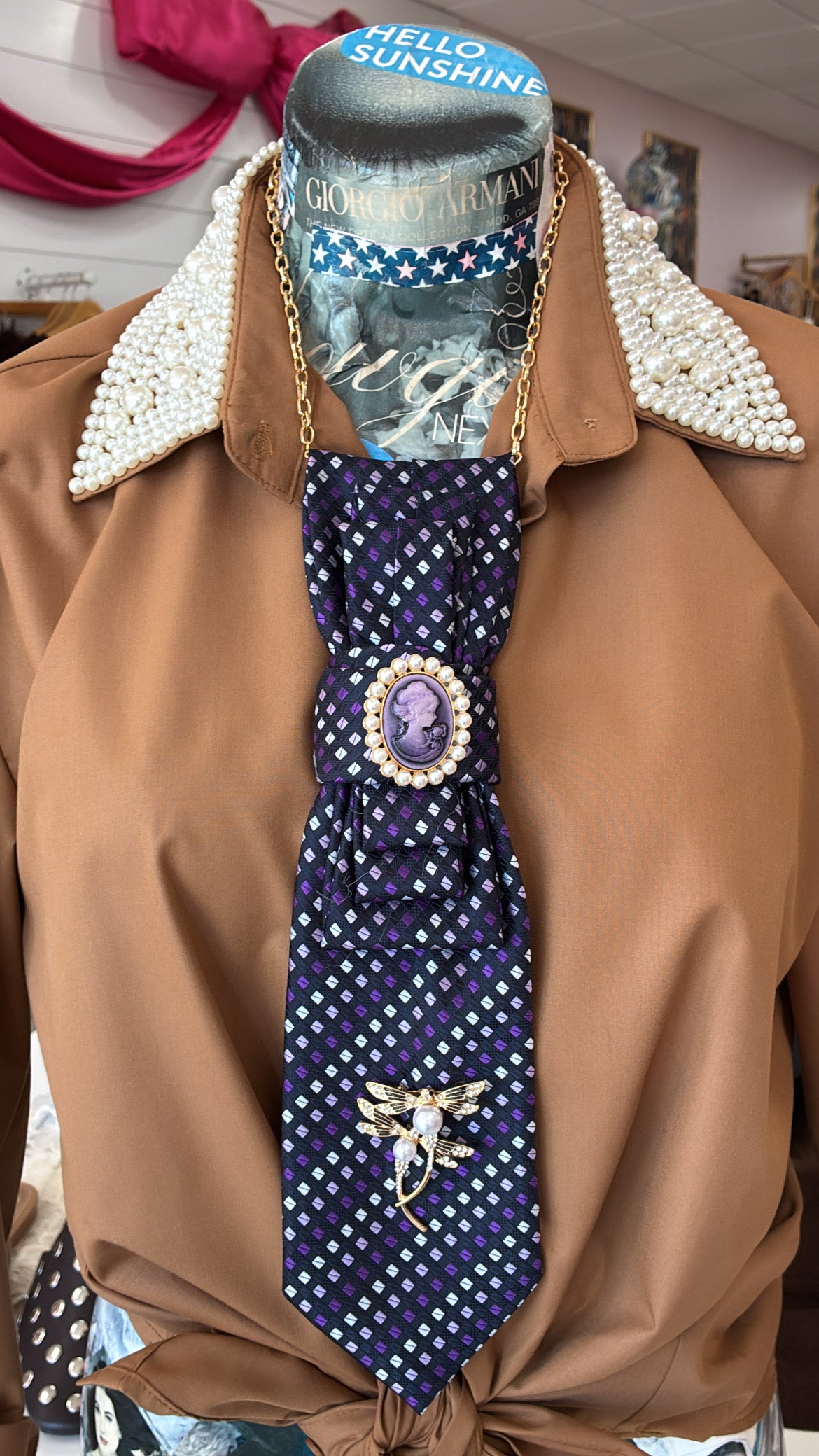 Tie Necklace | Purple Tie + Lady Brooch