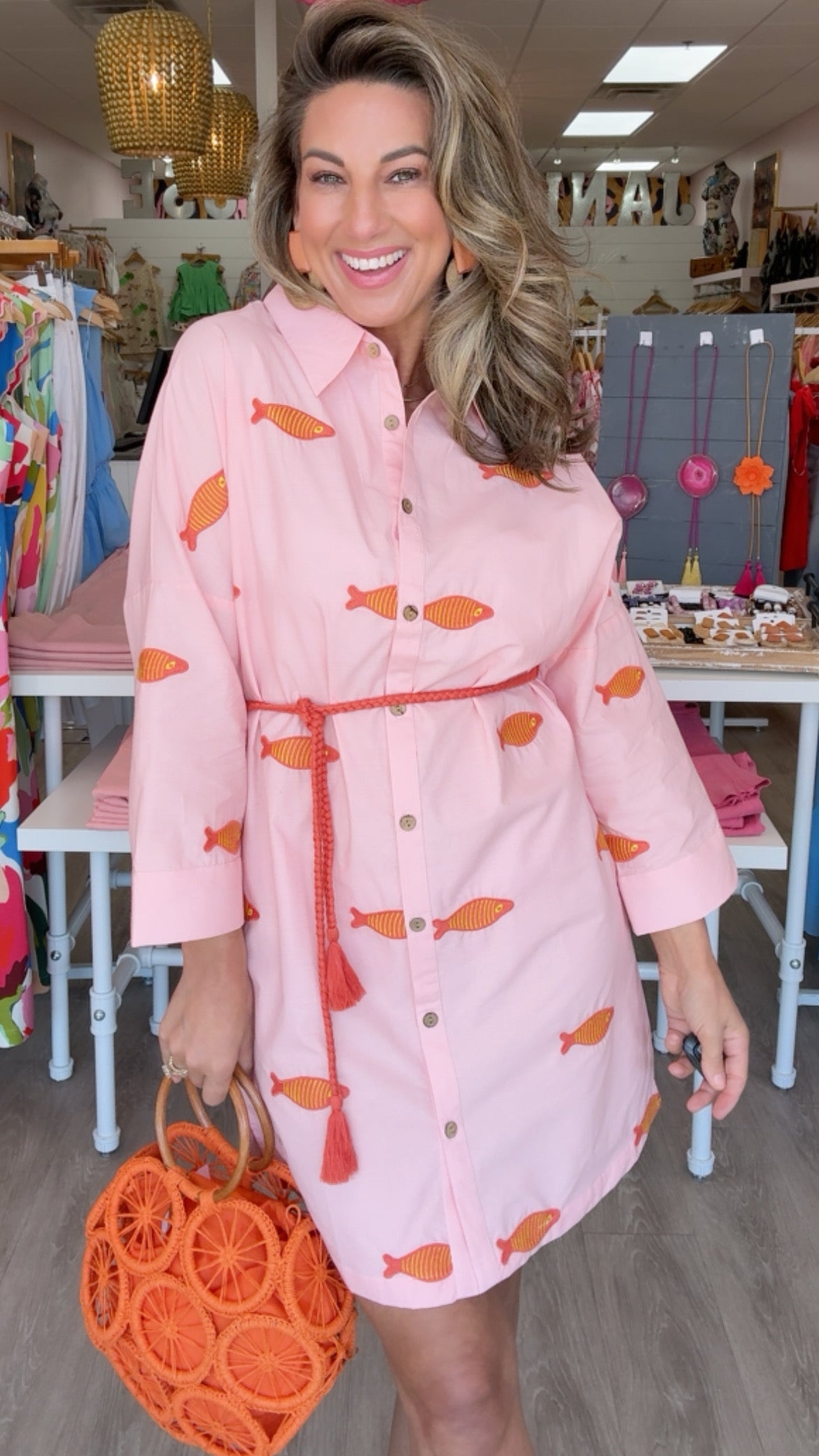 Ivy Jane | Blush Embroidered Fish Shirt Dress