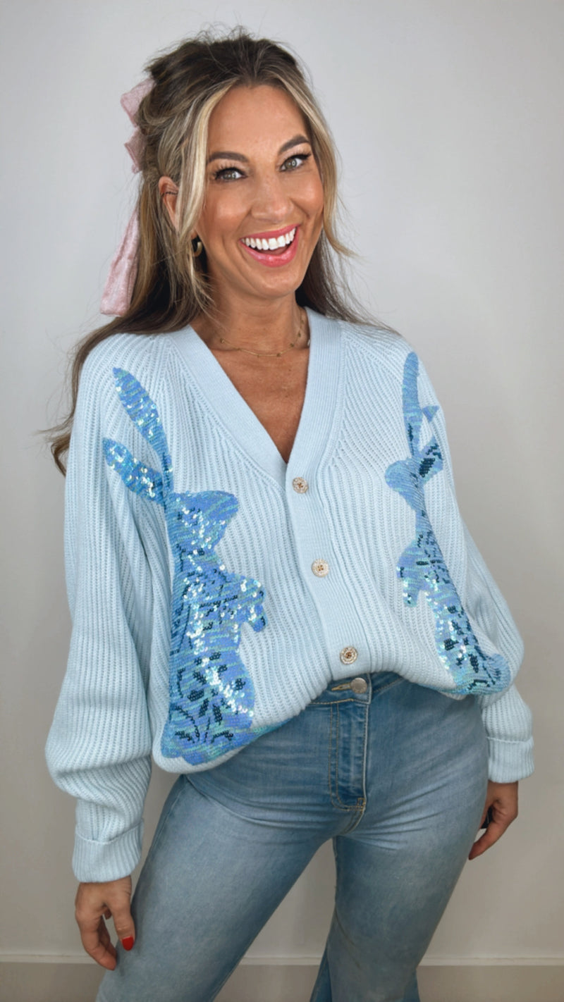 Queen of Sparkles Easter Bunny Light Blue Cardigan