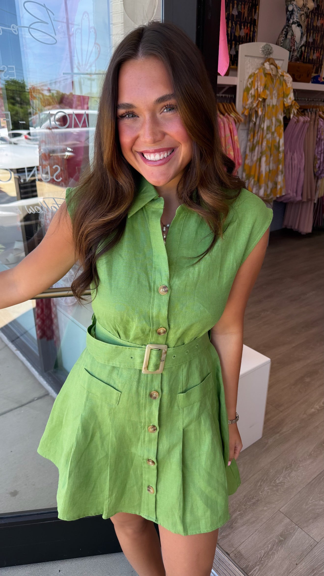 Karlie | Green Solid Linen Button Shirt Dress w/ Belt