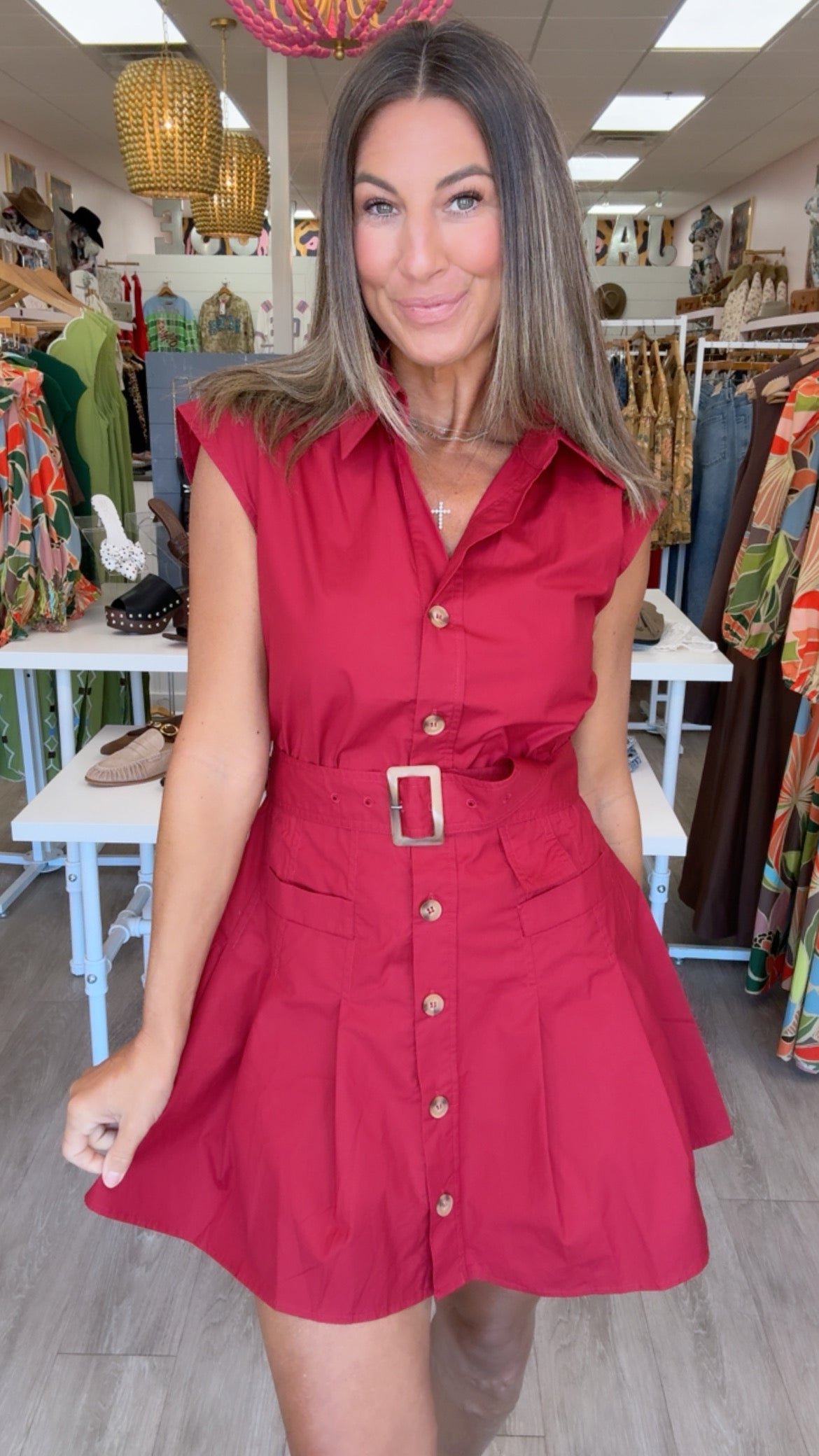 Karlie | Maroon Solid Poplin Shirt Dress w/ Belt