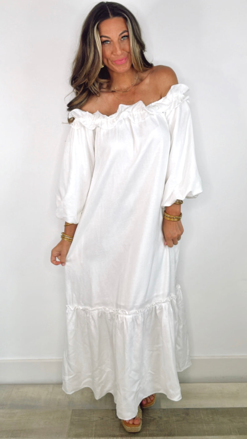 White Linen Ruffle Top Off Shoulder Maxi Dress
