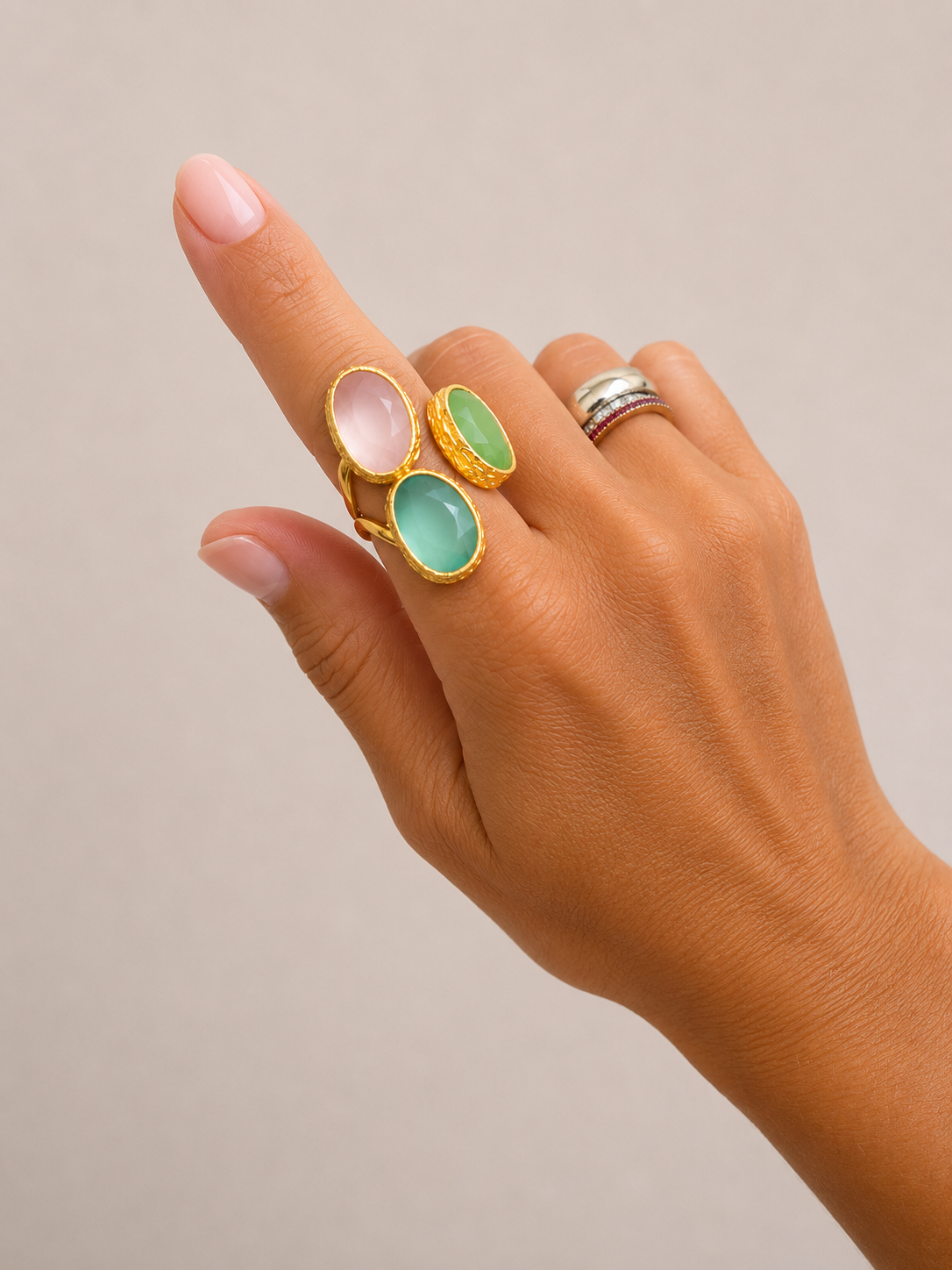 Adjustable Triple Cat Eye Gold Ring (Blush, Seafoam, Pistachio)