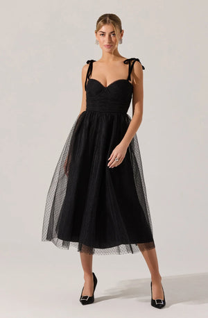 ASTR Karyme Black Sweetheart Neck Tie Shoulder Midi Dress