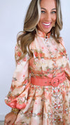 Pink Printed Long Sleeve Embellished Button Dress