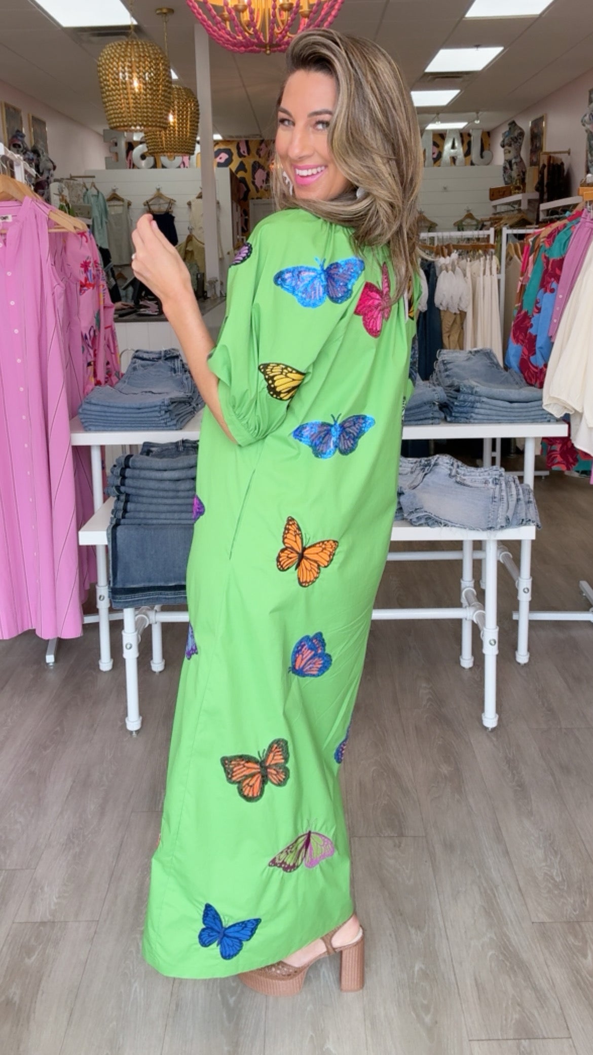 Queen of Sparkles Green Butterfly Button-Up Cotton Maxi