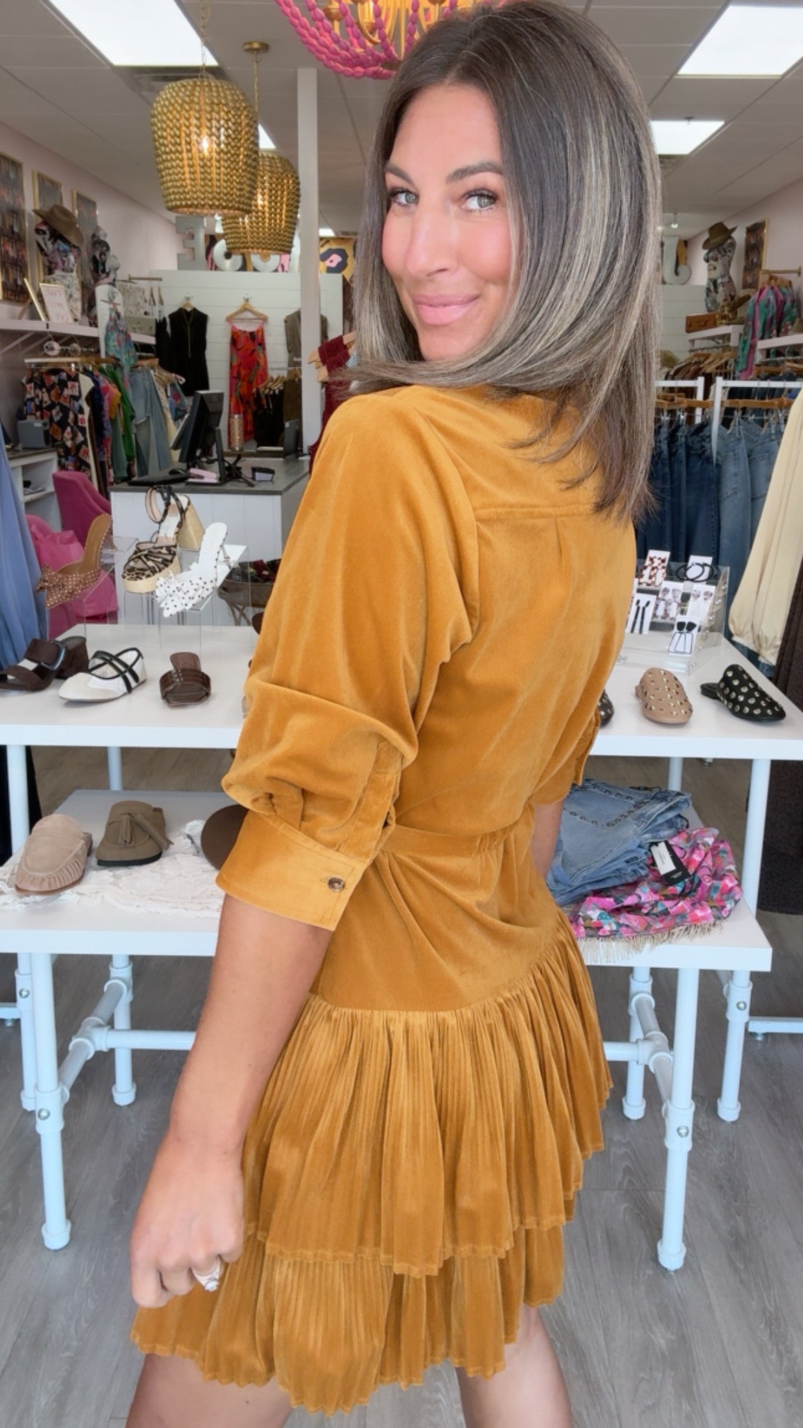 Current Air | Gold Corduroy Tiered + Pleat Shirt Dress (1 XS)