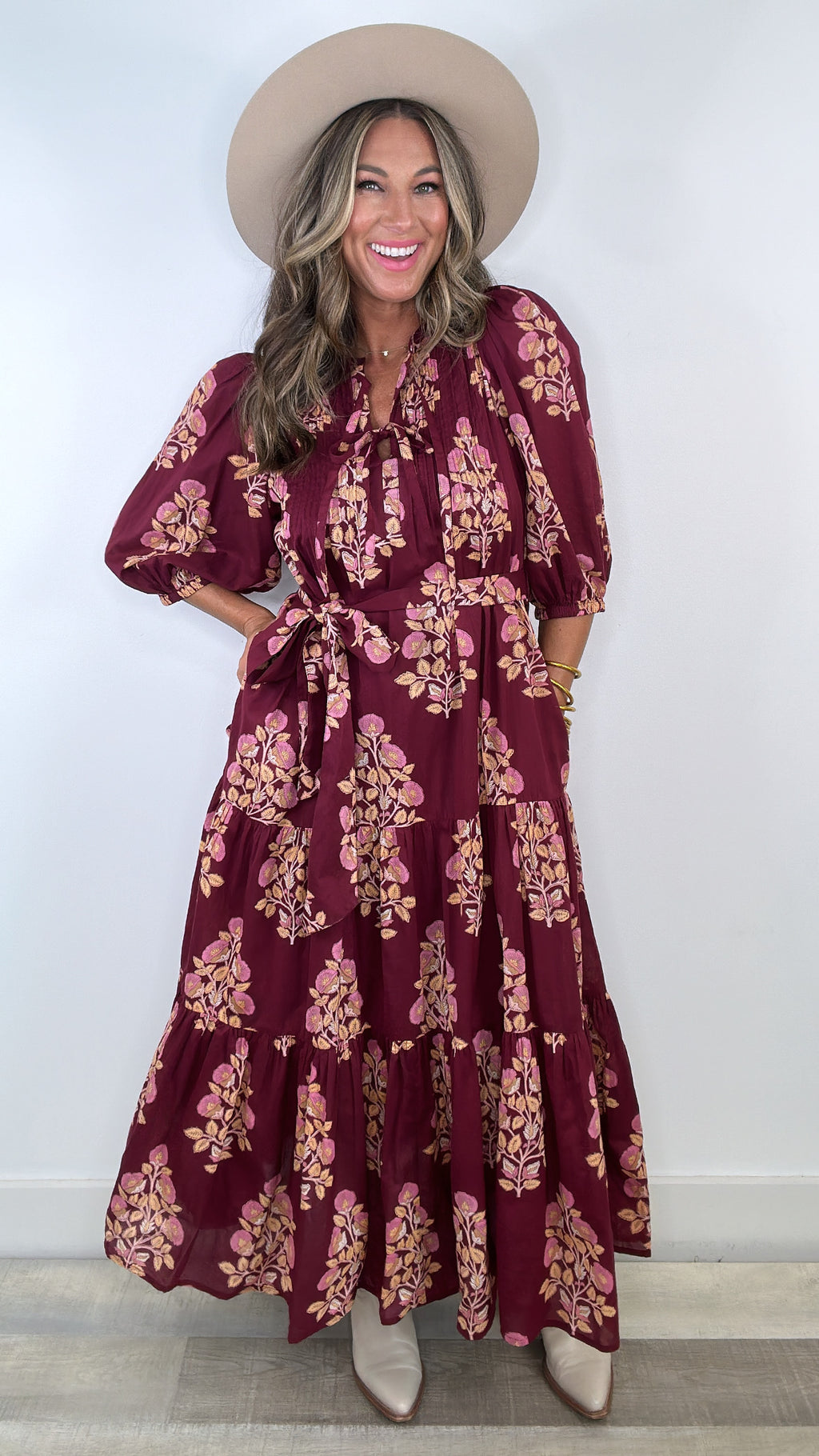 Pink Chicken Pintuck Indria Maxi Dress in Burgundy Floral