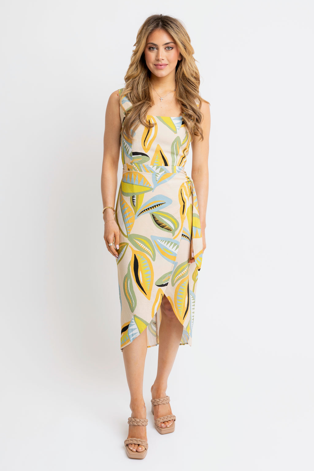 Karlie Abstract Leaf Wrap Tank Midi Dress