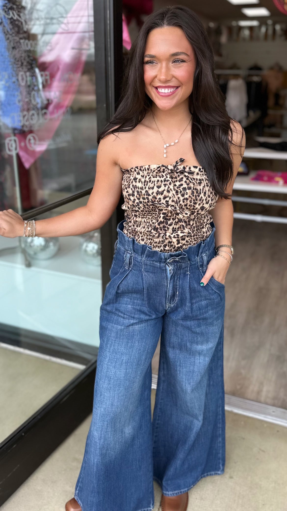 Leopard Denim Front Bow Strapless Top (1 MEDIUM)