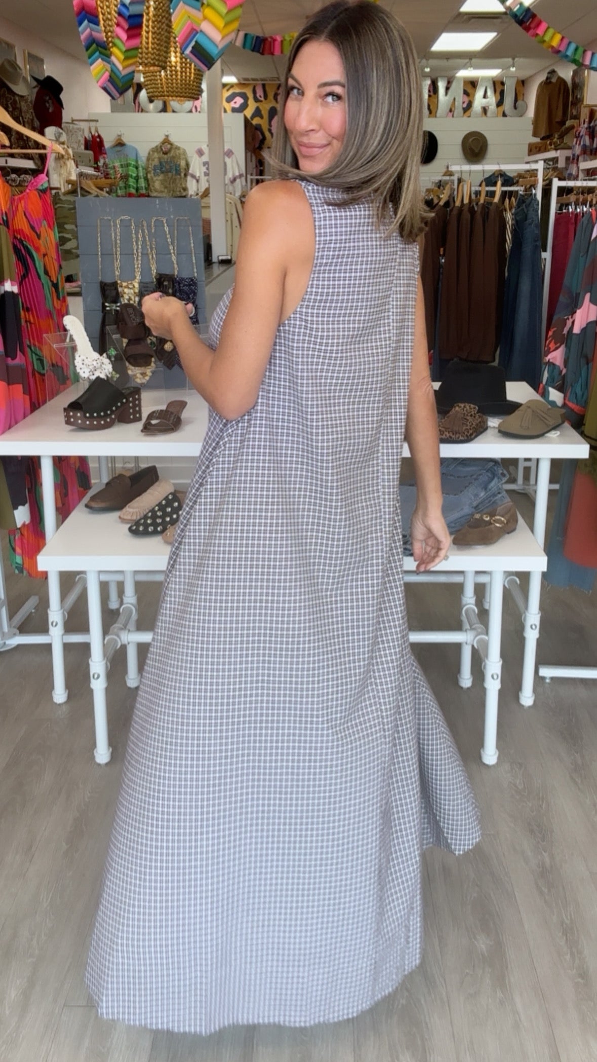 Karlie | Brown Check Scoop Maxi Dress