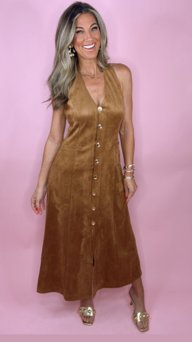 Endless Rose Tan Suede Halter Midi Dress