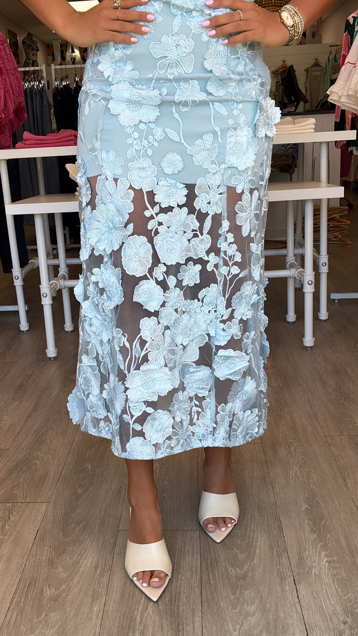 Icy Blue Strapless Floral Embroidered Maxi Dress