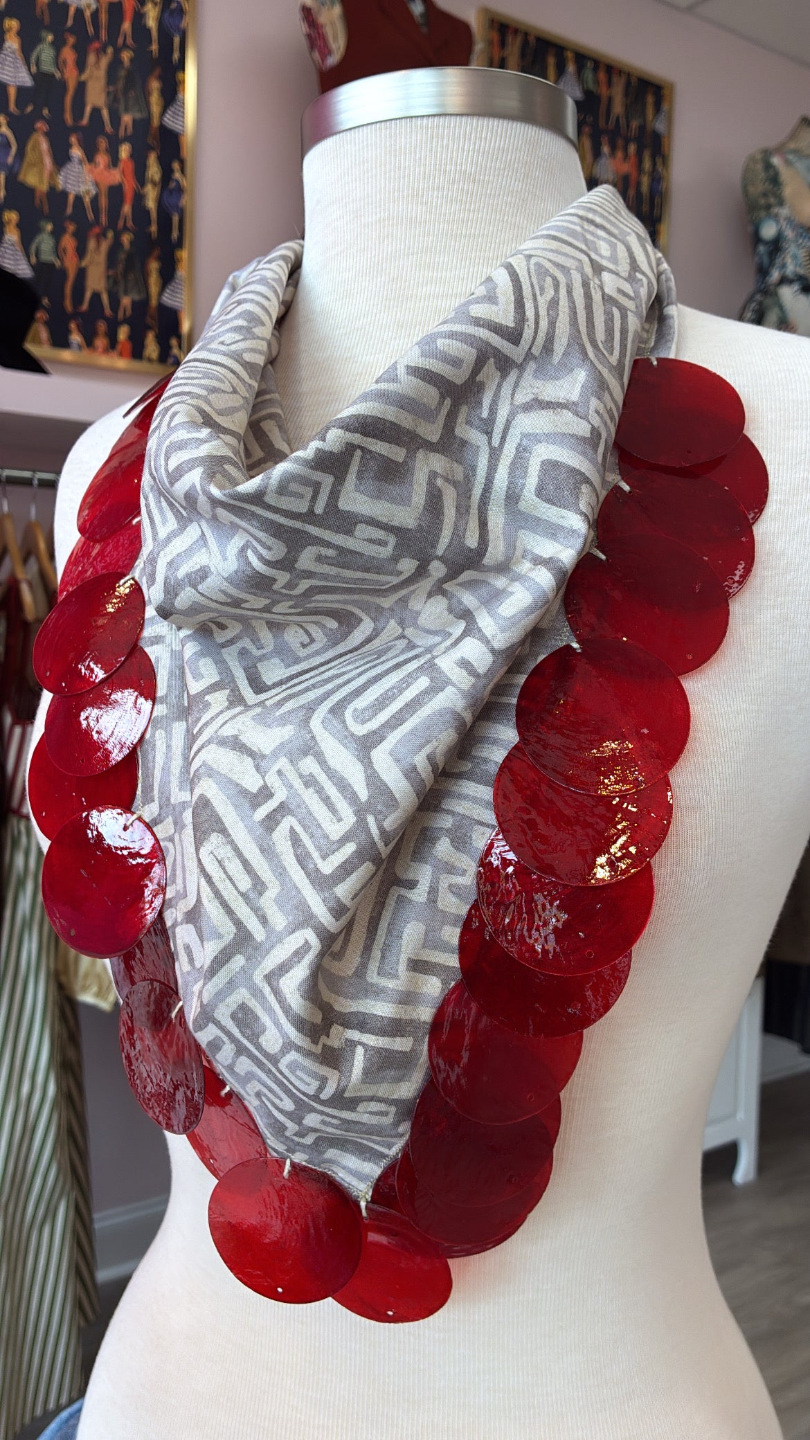 Grey Geo Neck Scarf w/ Red Circle Beads