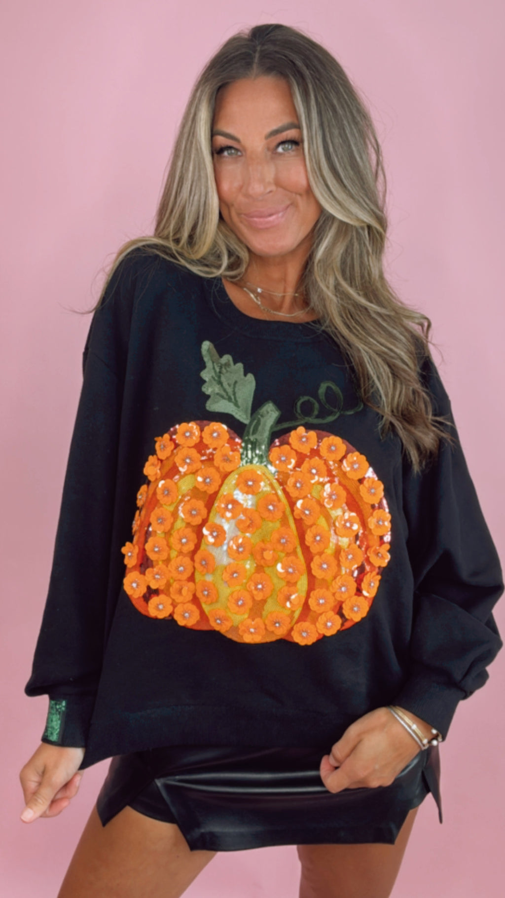 Queen of Sparkles Flower Sequin Pumpkin Sweatshirt