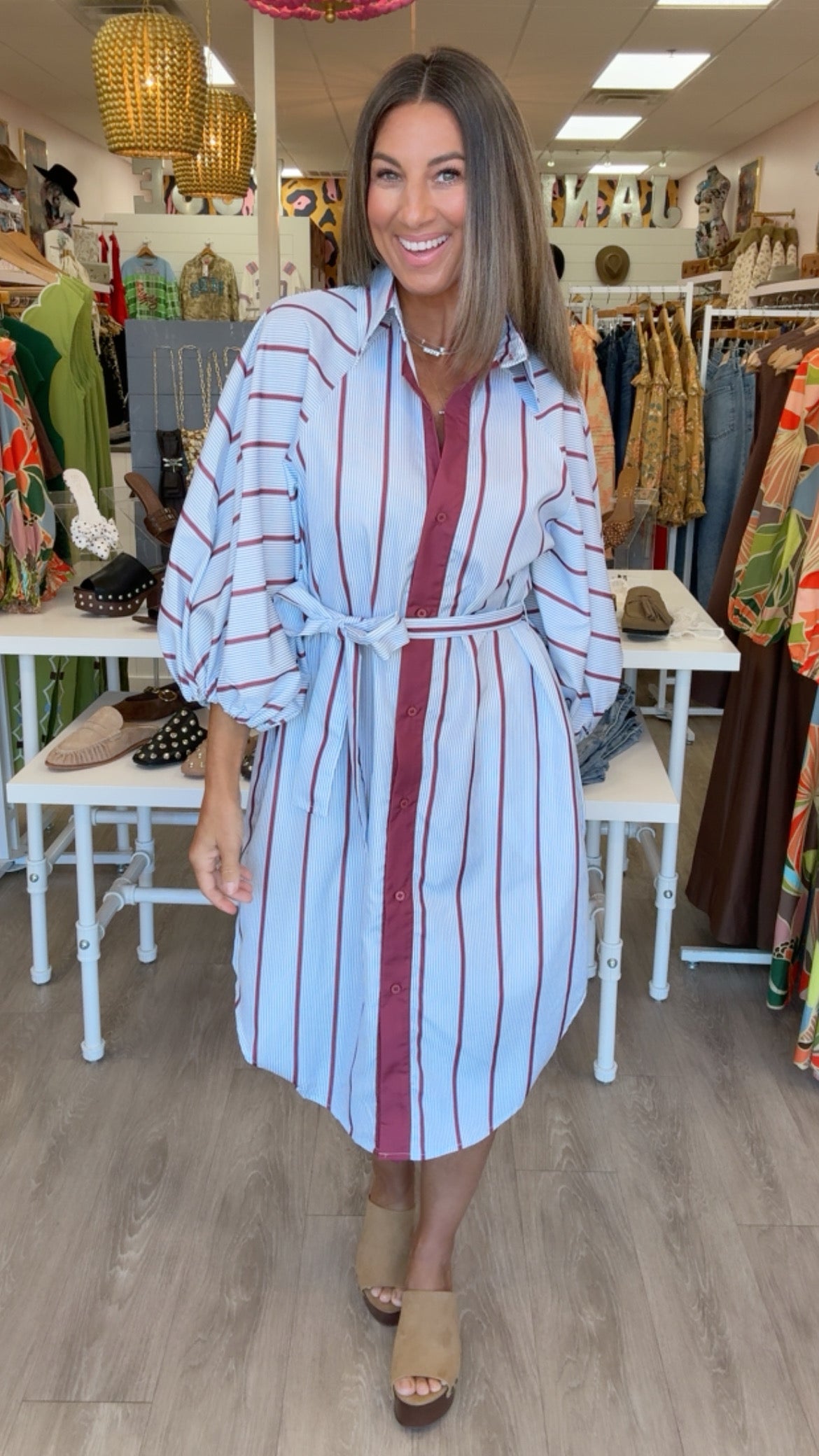 Karlie | Burgundy Stripe Midi Shirt Dress