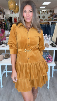 Current Air | Gold Corduroy Tiered + Pleat Shirt Dress (1 XS)