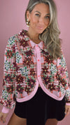 Queen of Sparkles Pink Plaid Poinsettia Button Up Collar Sweater