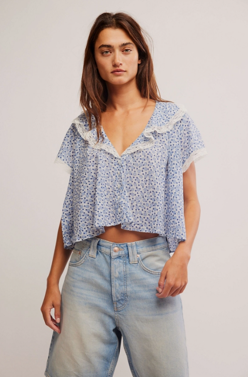 Free People Truly Yours Blouse in Blue/Ivory Combo