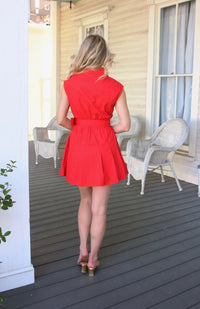 Karlie | Red Solid Poplin Shirt Dress w/ Belt