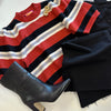 THML Short Sleeve Rust, Black and Grey Stripe Sweater Top