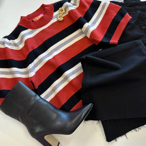THML Short Sleeve Rust, Black and Grey Stripe Sweater Top