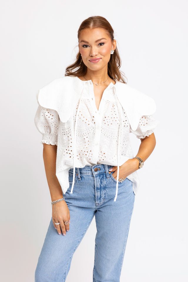 Karlie | White Eyelit Novelty Collar Top