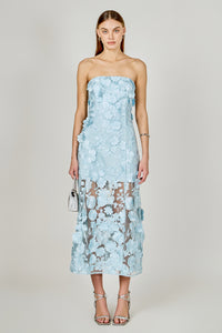 Icy Blue Strapless Floral Embroidered Maxi Dress